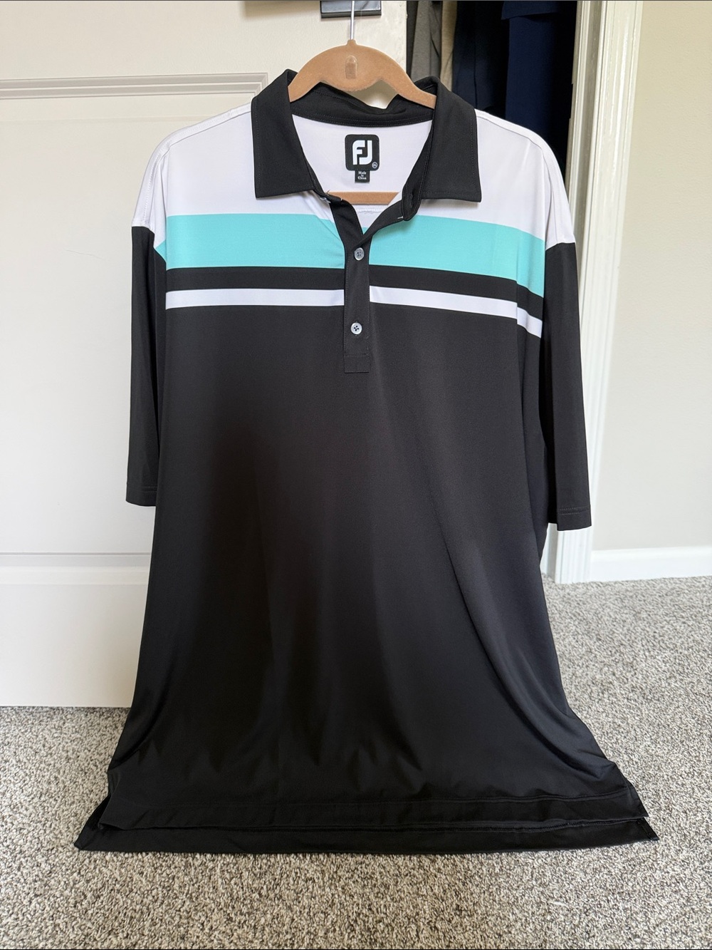 FootJoy Black Polo with Teal and White Horizontal Stripes